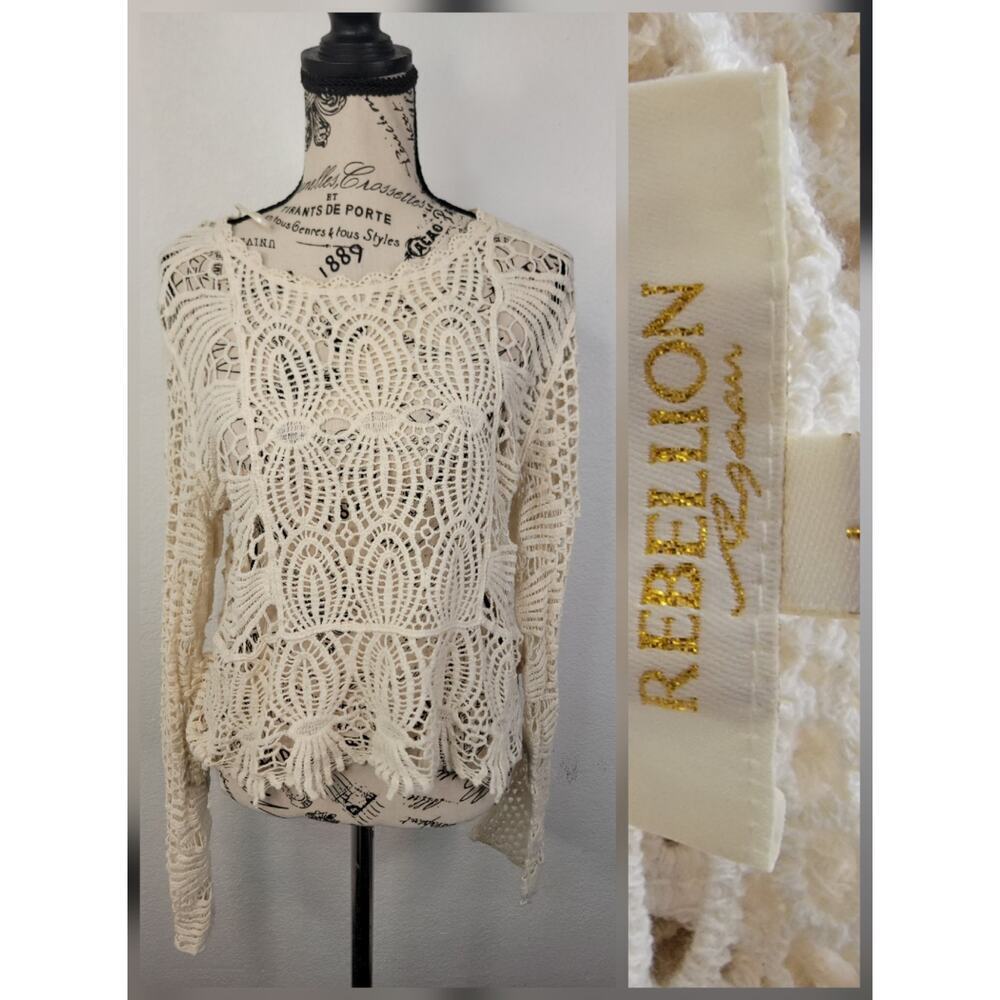 Rebellion Again Top Sz L Sheer Crochet Boxy Bohemian Ivory Beachy Cottagecore